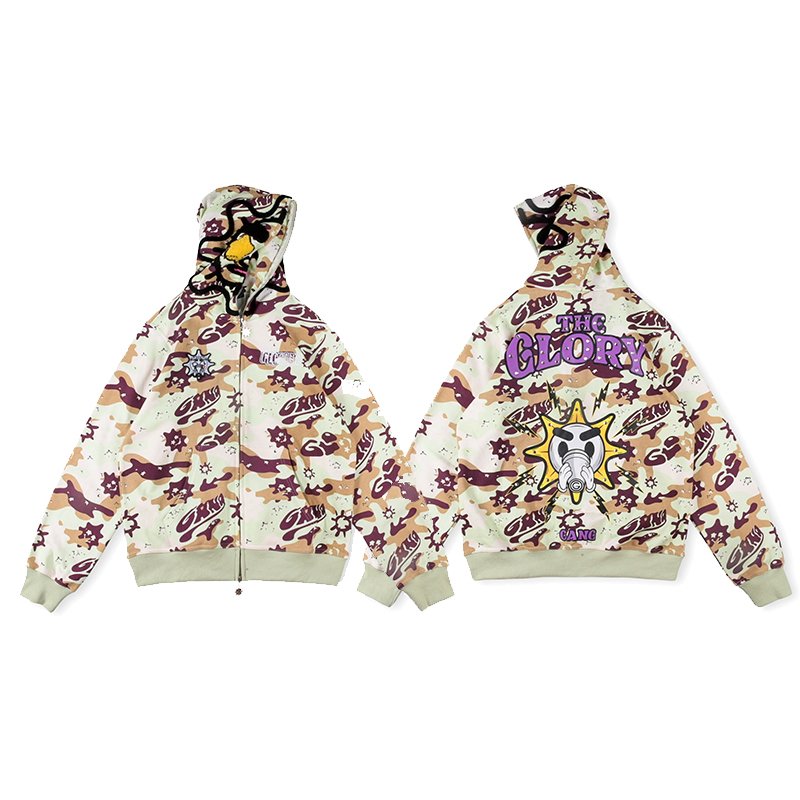2024 Retro Camo 3D Streetwear Sublimated Sweatshirts Rhinestone Glo Gang The Glory Camouflage Print Full Zip Men's Hoodies
