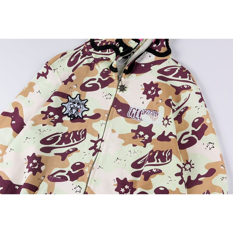 2024 Retro Camo 3D Streetwear Sublimated Sweatshirts Rhinestone Glo Gang The Glory Camouflage Print Full Zip Men's Hoodies