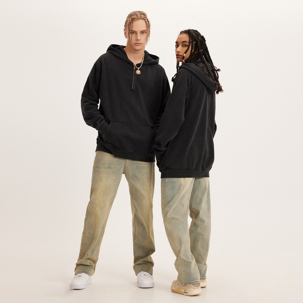 H5303 Hoodie Manufacturer Custom 440g 100% Cotton Zip Collar Vintage Washed Hoodies Men's Hoodies