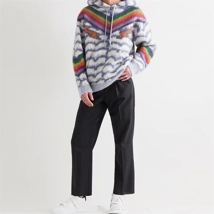 OEM Custom men's hoodies sweatshirts pullover oversized mohair jacquard knit hoodie for men