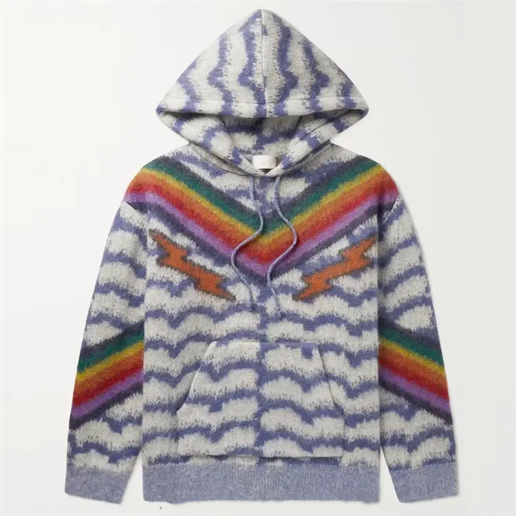 OEM Custom men's hoodies sweatshirts pullover oversized mohair jacquard knit hoodie for men