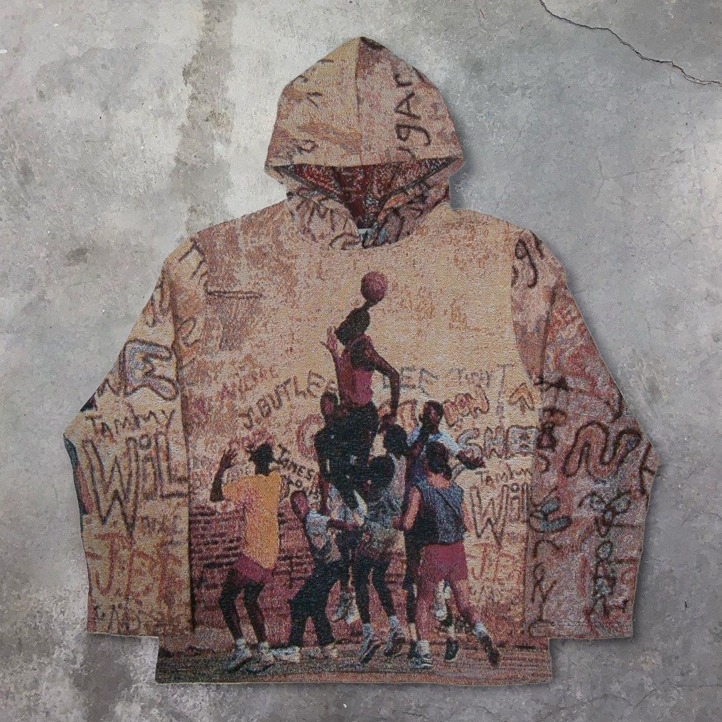 Us Size Men's Hip Hop Streetwear Basketball Anime Tapestry Hoodie Embroidered Unlined Stand Pullover Plus Size Thick Woven