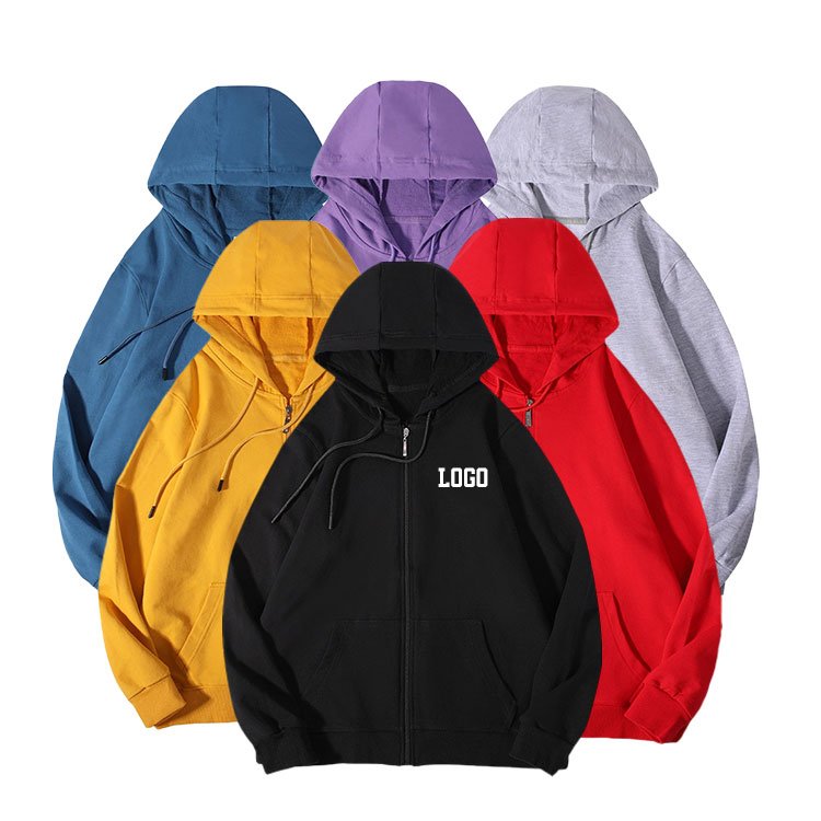 Soft cotton comfortable knitted pile fabric zipper hoodies men autumn thin hooded sweatshirts custom printing embroidery logo