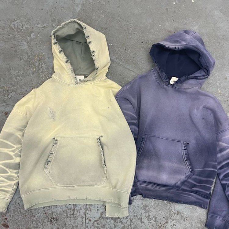 Custom heavyweight 500 gsm distressed washed vintage men's loose oversized boxy cropped men's acid faded ripped off hoodie