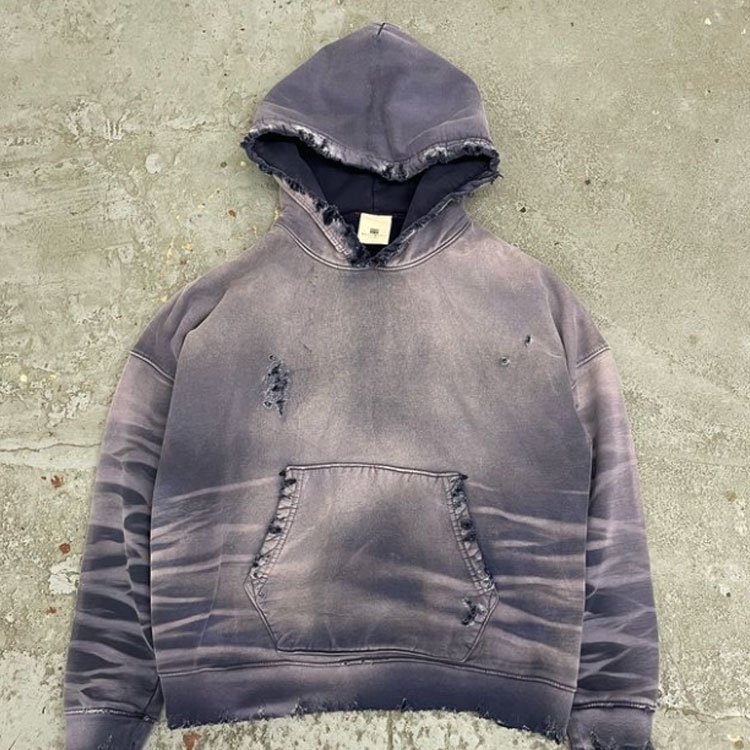 Custom heavyweight 500 gsm distressed washed vintage men's loose oversized boxy cropped men's acid faded ripped off hoodie