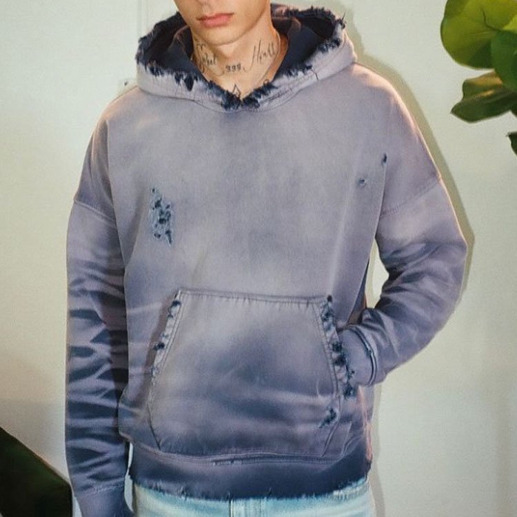 Custom heavyweight 500 gsm distressed washed vintage men's loose oversized boxy cropped men's acid faded ripped off hoodie