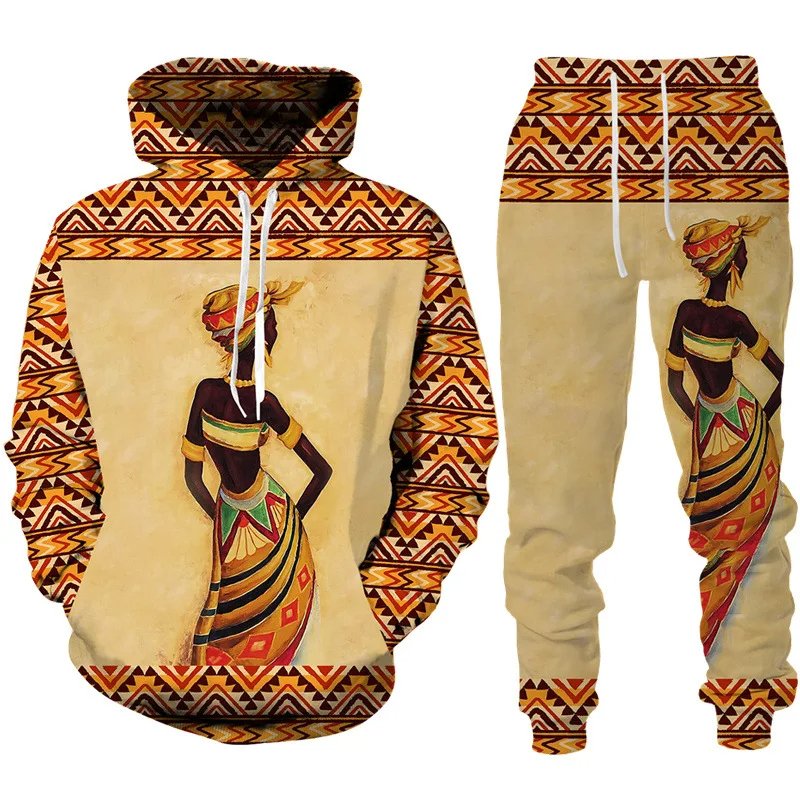 African Ethnic Style Graphic Men's Hoodie Pants Two Piece Printing Sweatshirt Sets Women Loose Long Sleeve Sweatshirts Clothing