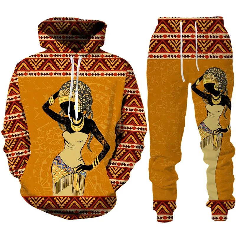 African Ethnic Style Graphic Men's Hoodie Pants Two Piece Printing Sweatshirt Sets Women Loose Long Sleeve Sweatshirts Clothing