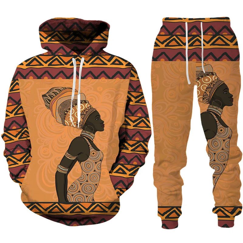 African Ethnic Style Graphic Men's Hoodie Pants Two Piece Printing Sweatshirt Sets Women Loose Long Sleeve Sweatshirts Clothing