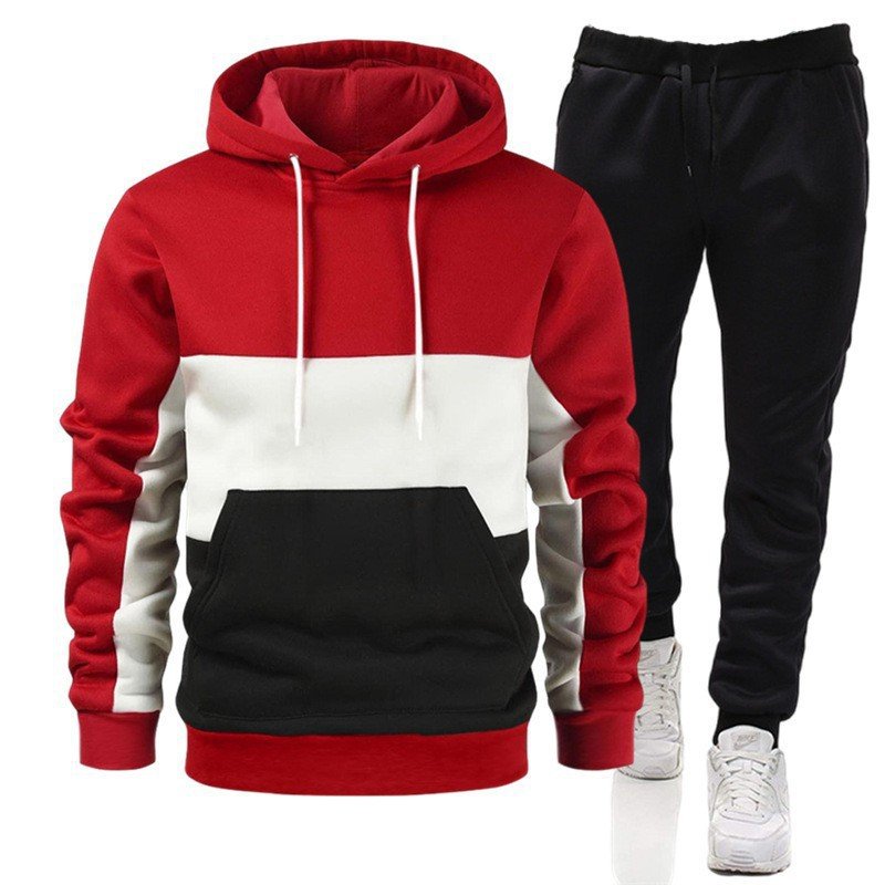 French Terry High Quality Men's Hoodies Color Block Plus Size XXXL Customized LOGO Stretch Jogger Set 2pc Tracksuit