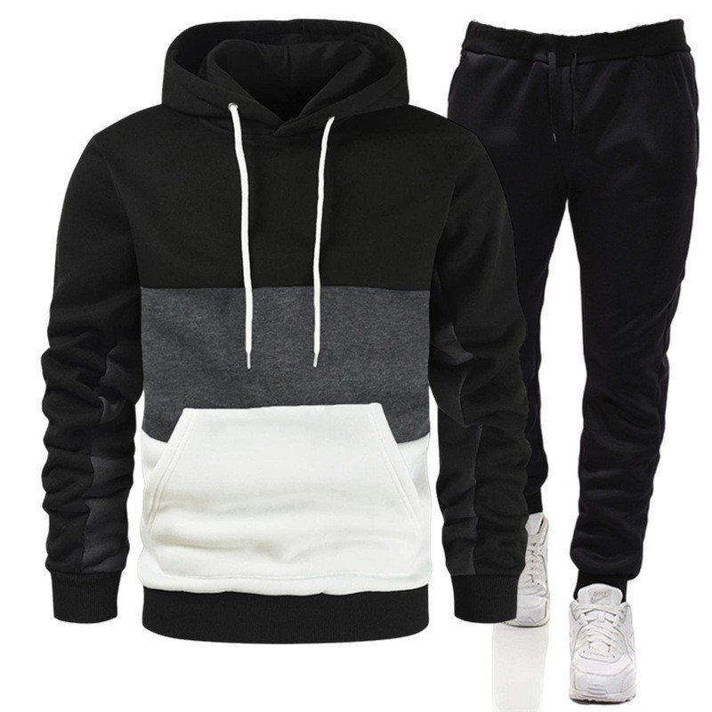 French Terry High Quality Men's Hoodies Color Block Plus Size XXXL Customized LOGO Stretch Jogger Set 2pc Tracksuit