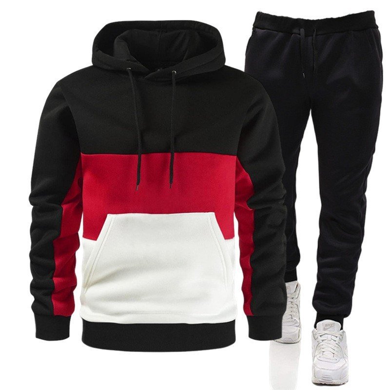 French Terry High Quality Men's Hoodies Color Block Plus Size XXXL Customized LOGO Stretch Jogger Set 2pc Tracksuit