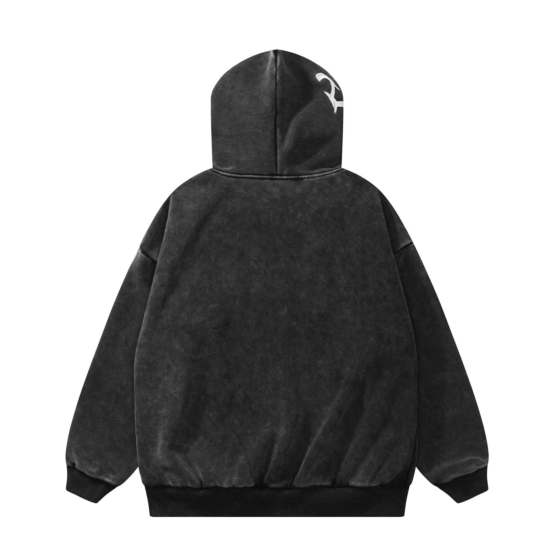 High Quality Vintage Men Chenille Letters Embroidery Patches Hoodie Zipper Heavyweight Black Zip up Hoodie