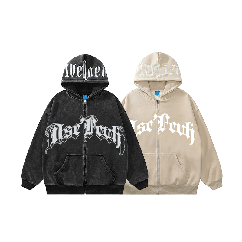High Quality Vintage Men Chenille Letters Embroidery Patches Hoodie Zipper Heavyweight Black Zip up Hoodie