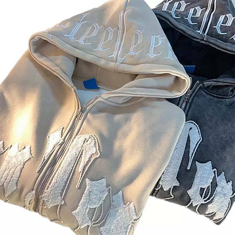 High Quality Vintage Men Chenille Letters Embroidery Patches Hoodie Zipper Heavyweight Black Zip up Hoodie