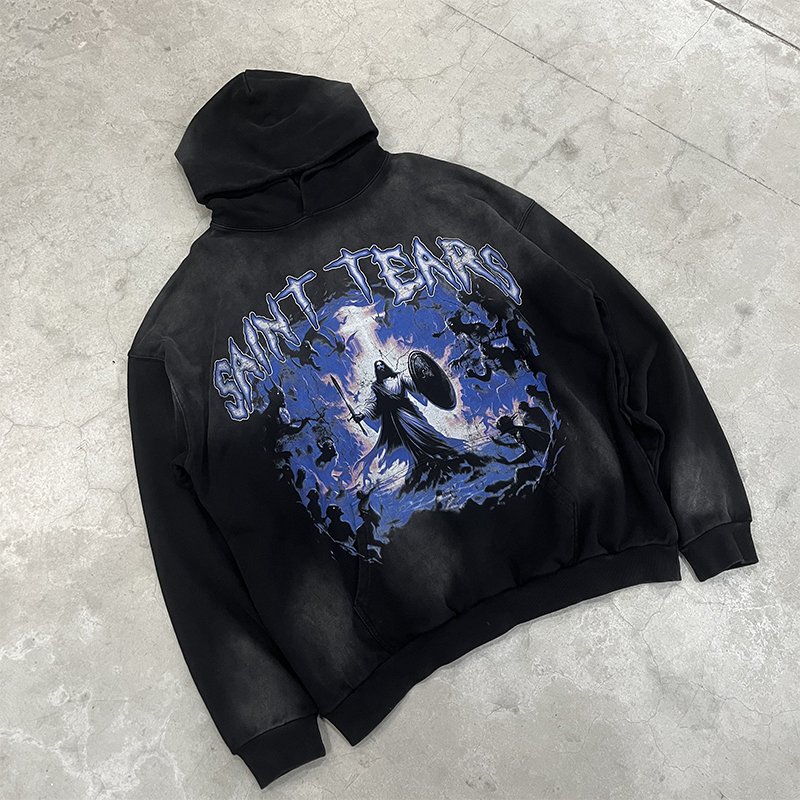 Wholesale High Quality Heavyweight 400G 100% Cotton Oversized Vintage Sand Wash Distress Saint Tears Men's Hoodies&Sweatshirts