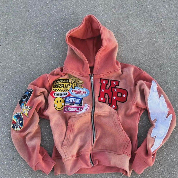 Custom Manufacturer Cropped Men Vintage Zip Up Embroidery 500GSM Heavyweight Distressed Applique Patch Stone Acid Wash Hoodie