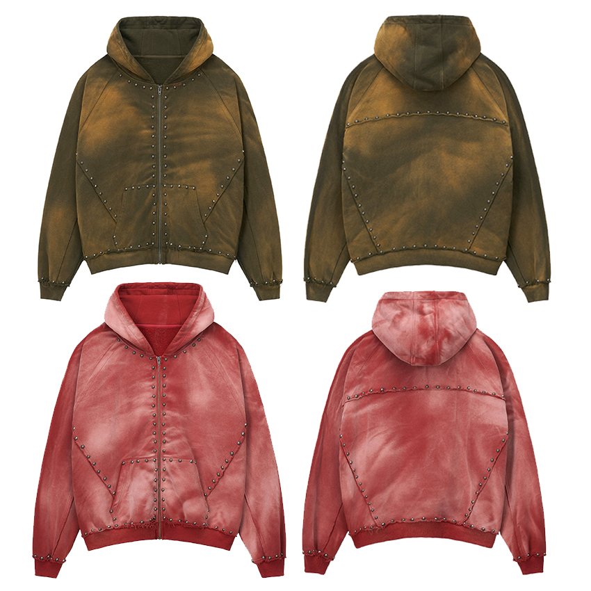 Custom Men's 460gsm Heavyweight Vintage Sun Fade Acid Wash Hoodie Oversized Pullover Distressed Zip Metal Solid Knitted Hooded