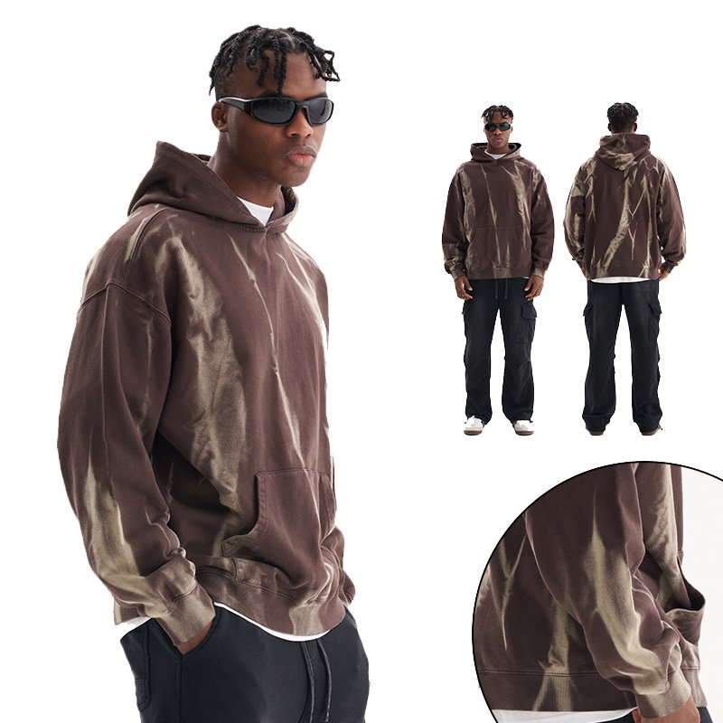American retro fashion tie dye gradient hoodie, high-quality hooded heavyweight 100% cotton men's pullover hoodie
