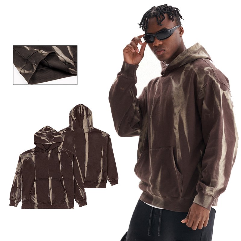 American retro fashion tie dye gradient hoodie, high-quality hooded heavyweight 100% cotton men's pullover hoodie