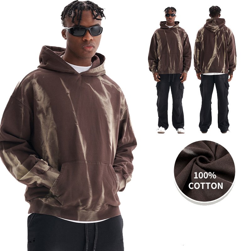 American retro fashion tie dye gradient hoodie, high-quality hooded heavyweight 100% cotton men's pullover hoodie
