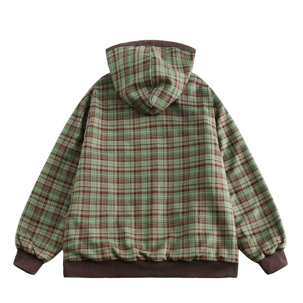 Wholesale plaid reversible sweatshirt high street loose casual sports oversize zipper up hoodie for men