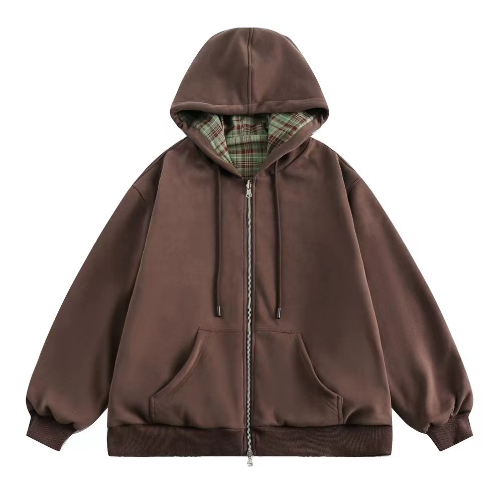 Wholesale plaid reversible sweatshirt high street loose casual sports oversize zipper up hoodie for men