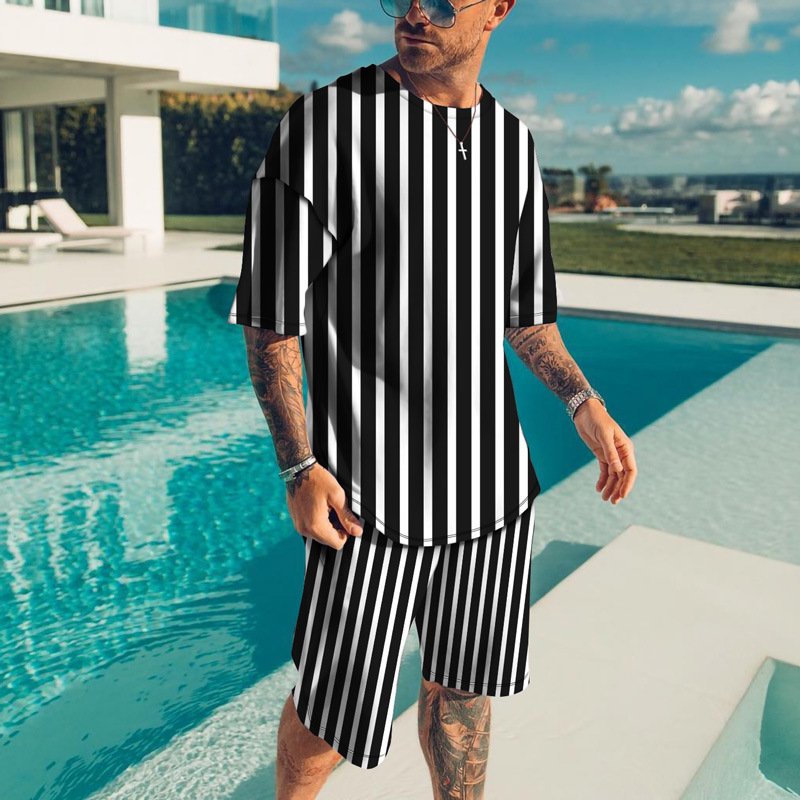 Men's Casual Summer 2-Piece Outfit Wholesale Quick Dry Printed T-Shirt Shorts Set Knitted Waffle Terry Latest Design Plus Size