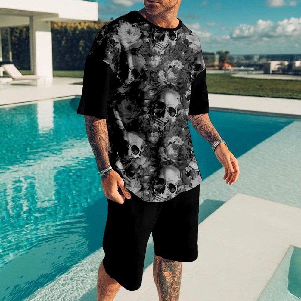 Men's Casual Summer 2-Piece Outfit Wholesale Quick Dry Printed T-Shirt Shorts Set Knitted Waffle Terry Latest Design Plus Size
