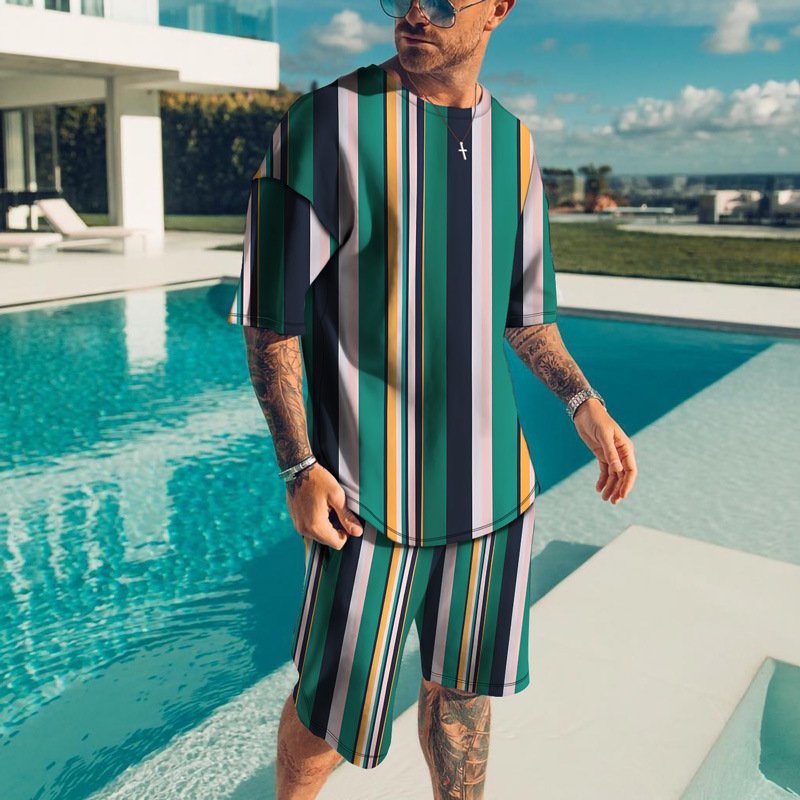 Men's Casual Summer 2-Piece Outfit Wholesale Quick Dry Printed T-Shirt Shorts Set Knitted Waffle Terry Latest Design Plus Size
