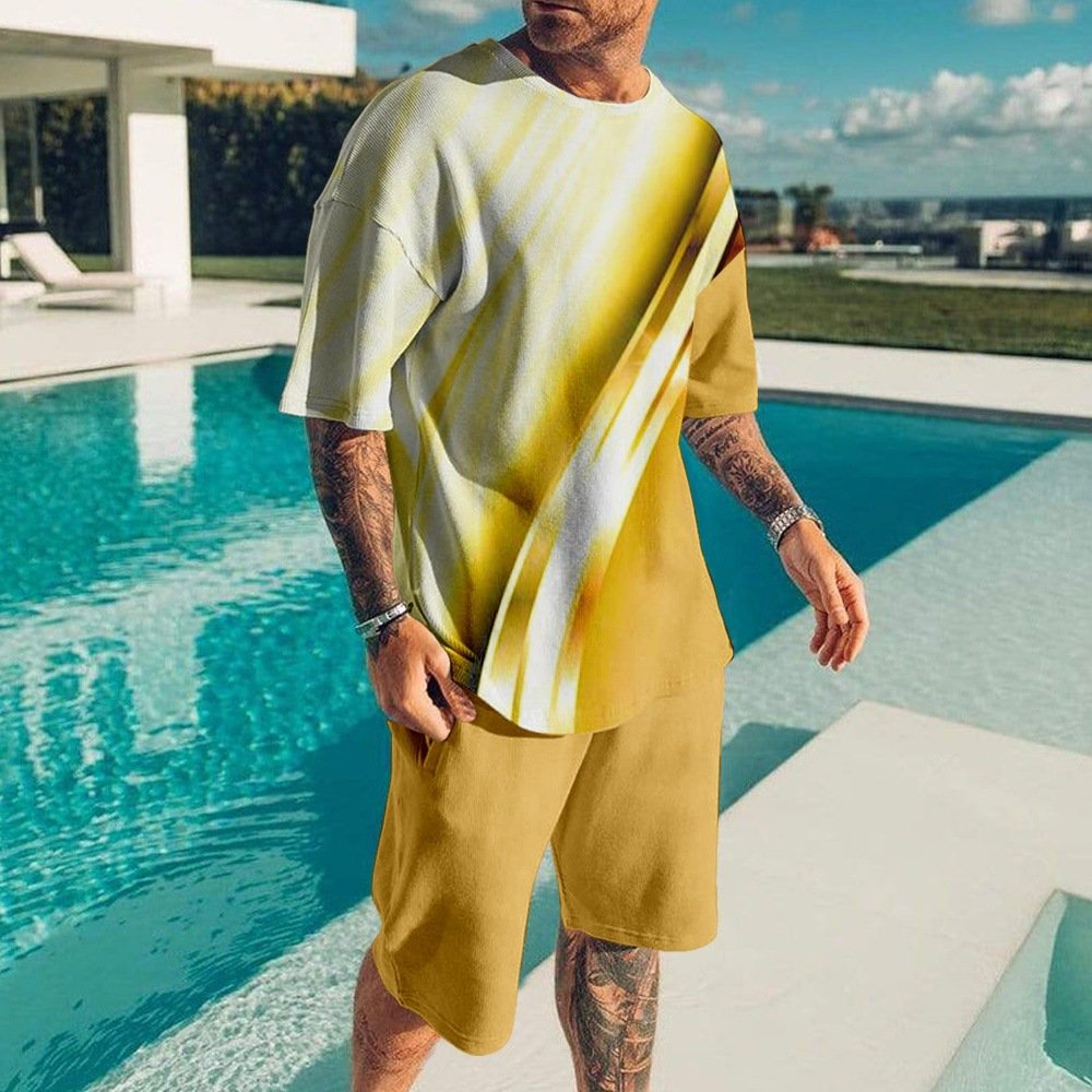 Men's Casual Summer 2-Piece Outfit Wholesale Quick Dry Printed T-Shirt Shorts Set Knitted Waffle Terry Latest Design Plus Size