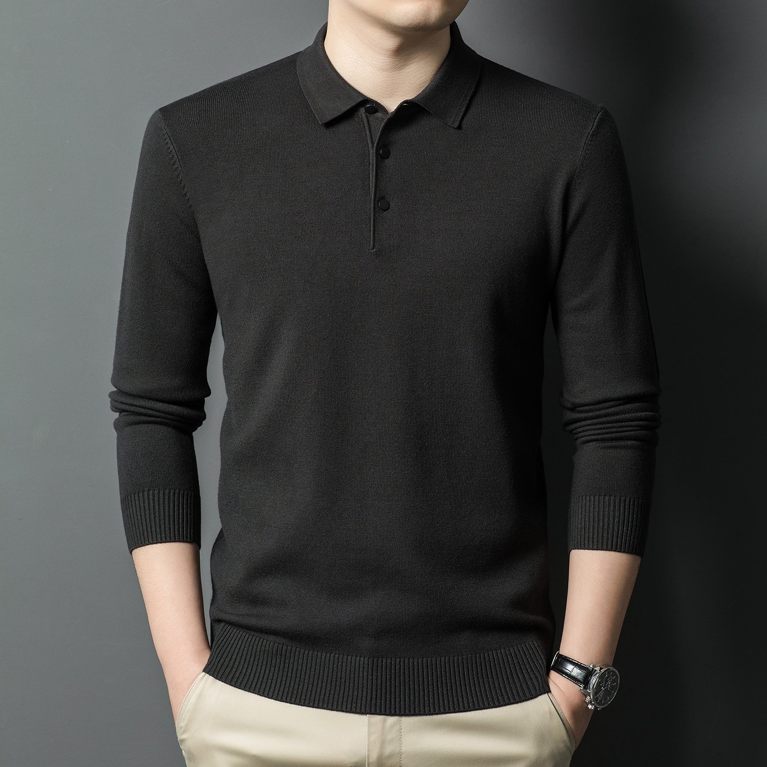 New men's high-end solid color retro chest logo spring autumn knitted sweater men's T-shirt long sleeved customizable