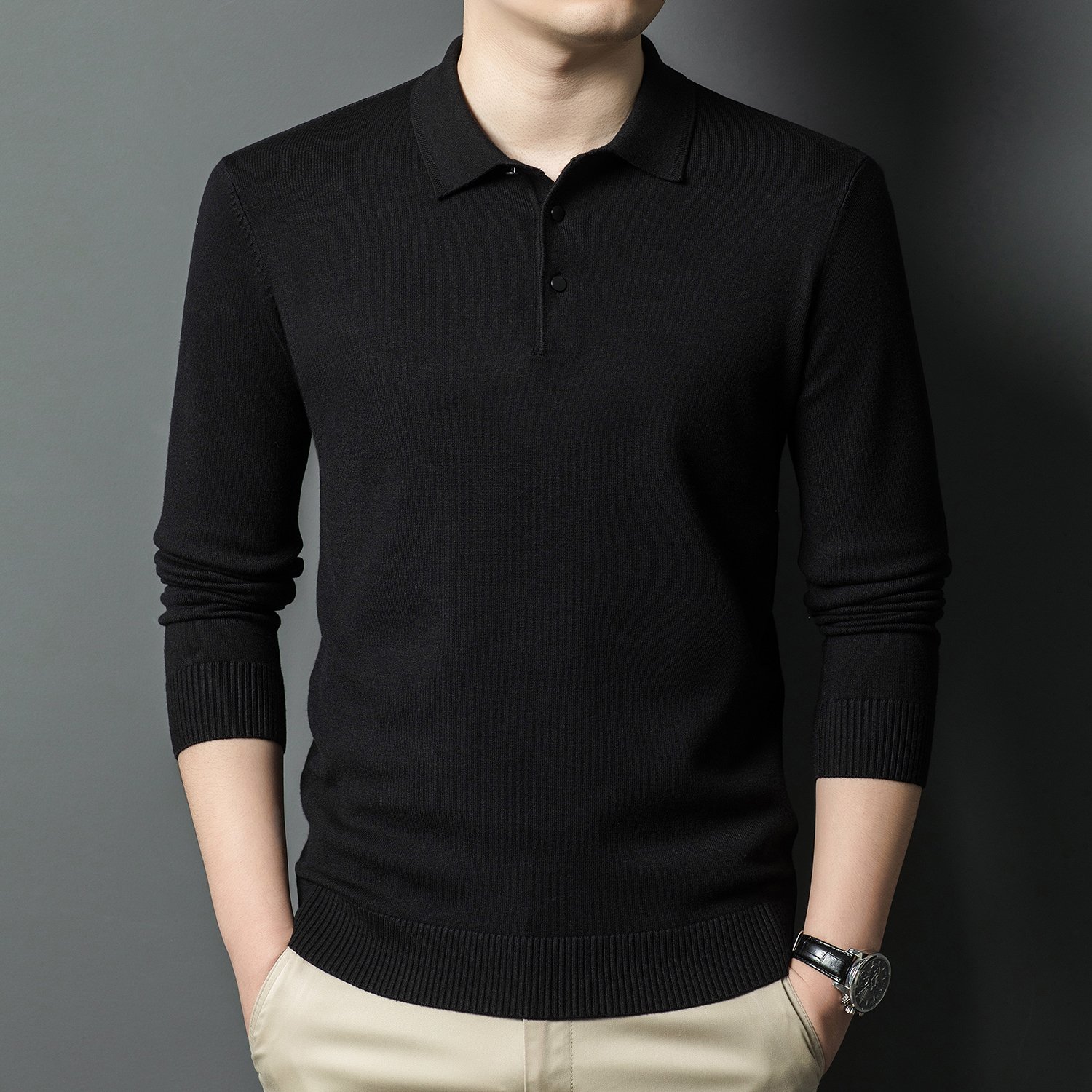 New men's high-end solid color retro chest logo spring autumn knitted sweater men's T-shirt long sleeved customizable
