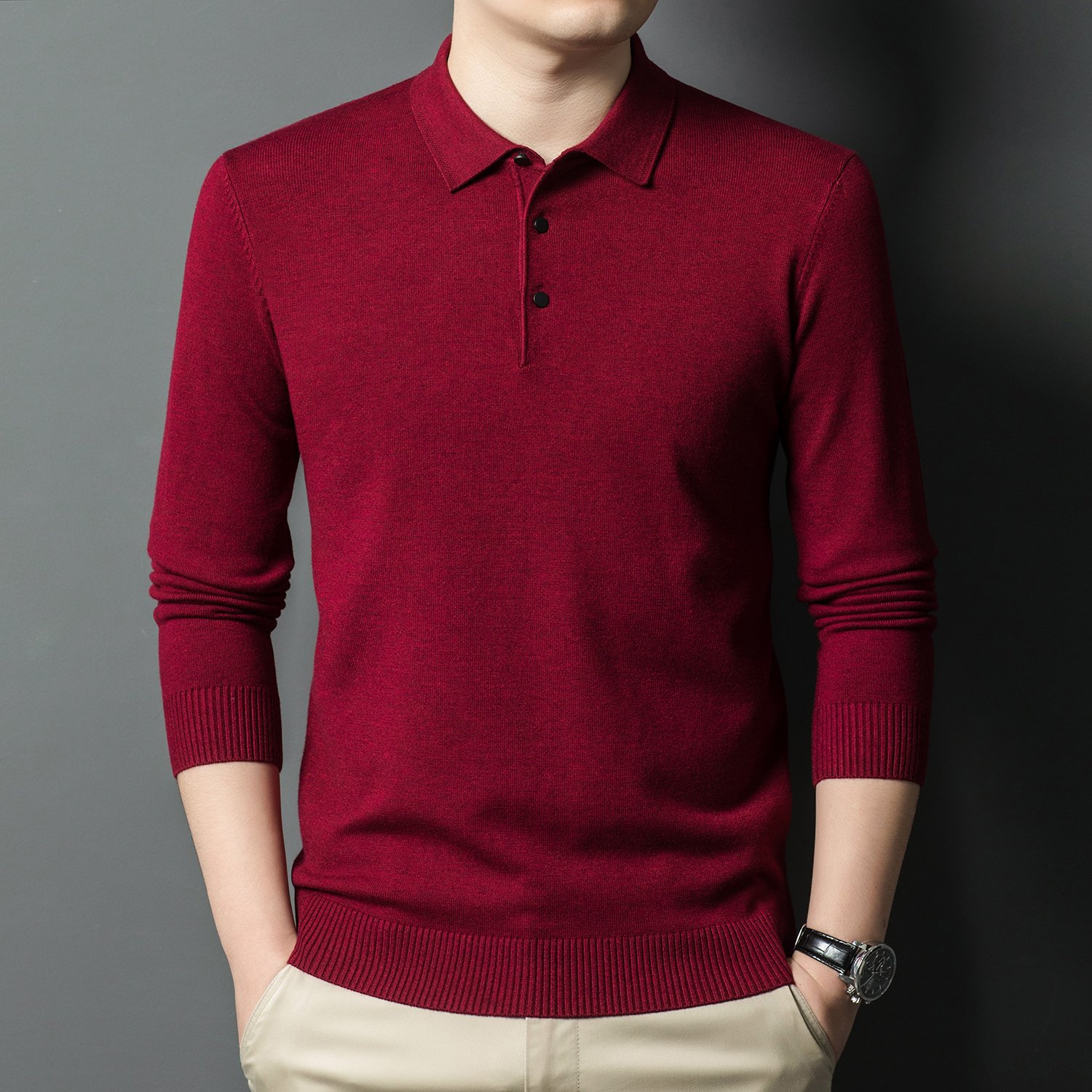 New men's high-end solid color retro chest logo spring autumn knitted sweater men's T-shirt long sleeved customizable