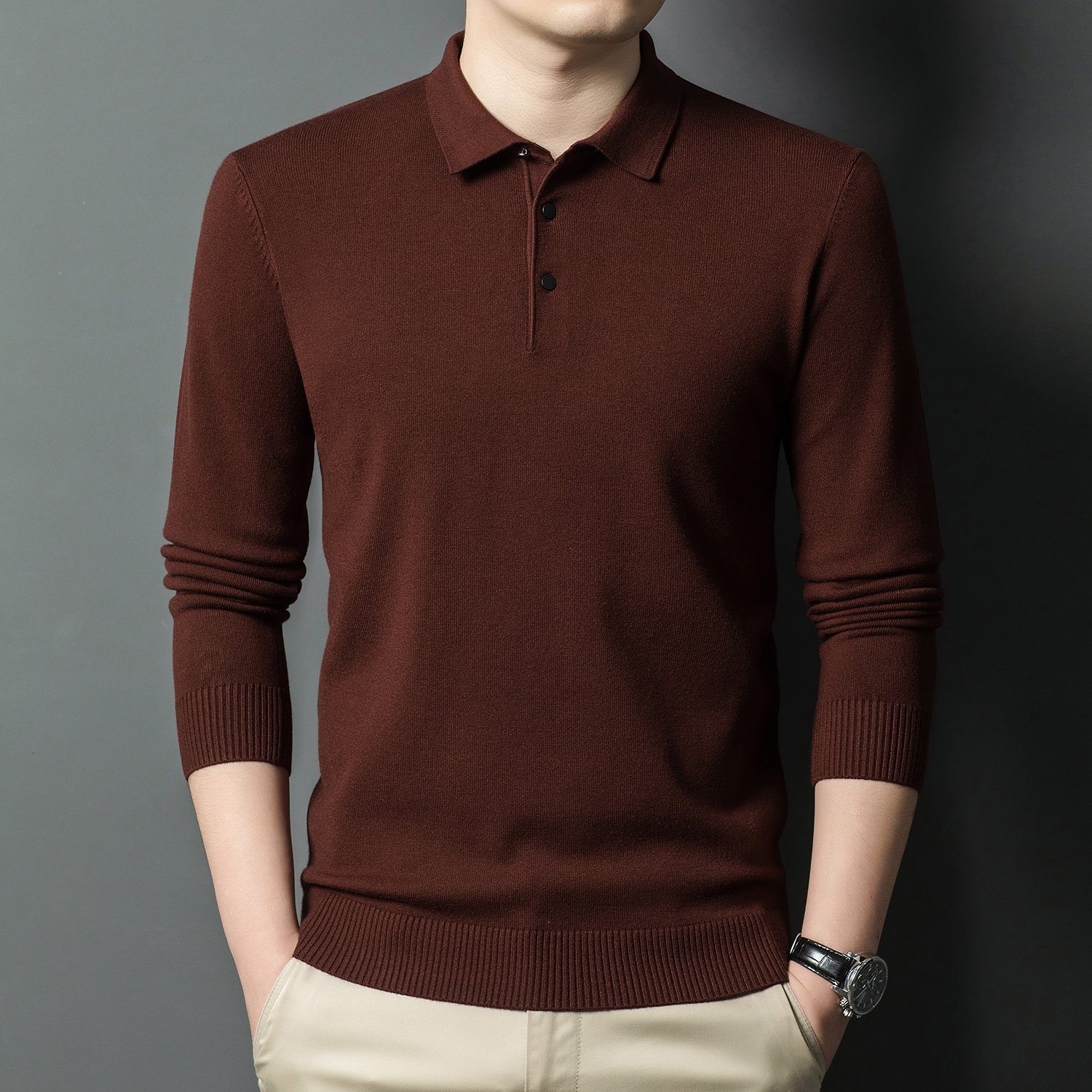 New men's high-end solid color retro chest logo spring autumn knitted sweater men's T-shirt long sleeved customizable