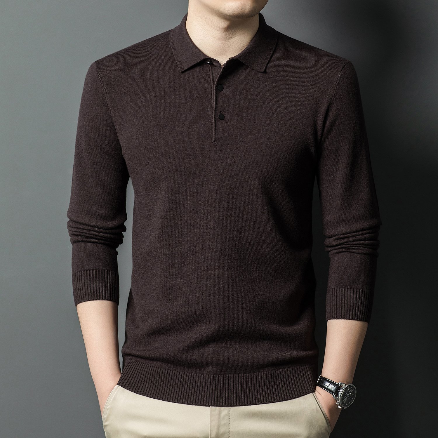 New men's high-end solid color retro chest logo spring autumn knitted sweater men's T-shirt long sleeved customizable