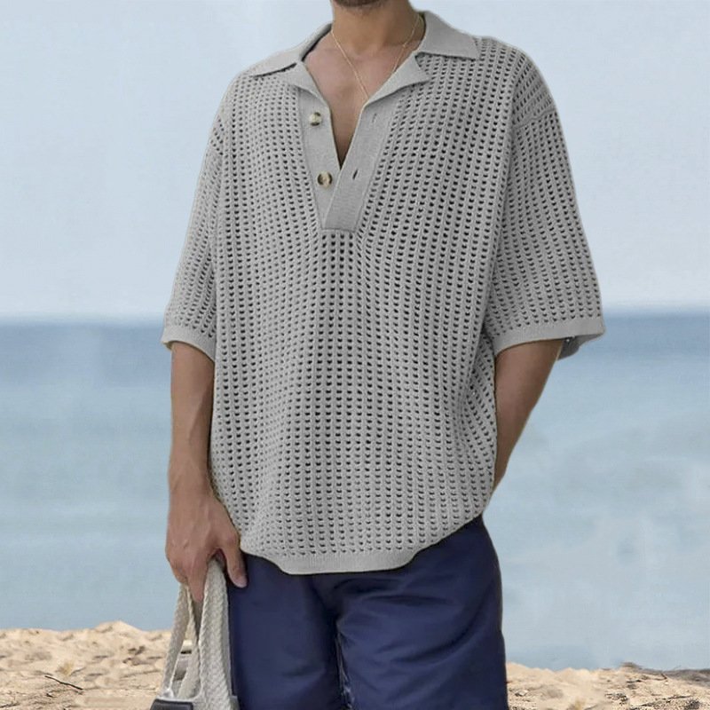 Fashion Knitwear 2023 Summer New Man T Shirt Loose Large V-Neck Hollow Out Tshirt V-Neck Plus Size Men'S Polo T-Shirts