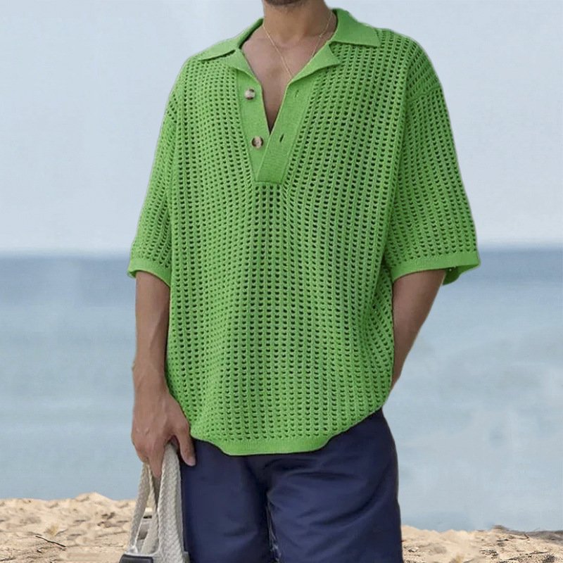 Fashion Knitwear 2023 Summer New Man T Shirt Loose Large V-Neck Hollow Out Tshirt V-Neck Plus Size Men'S Polo T-Shirts