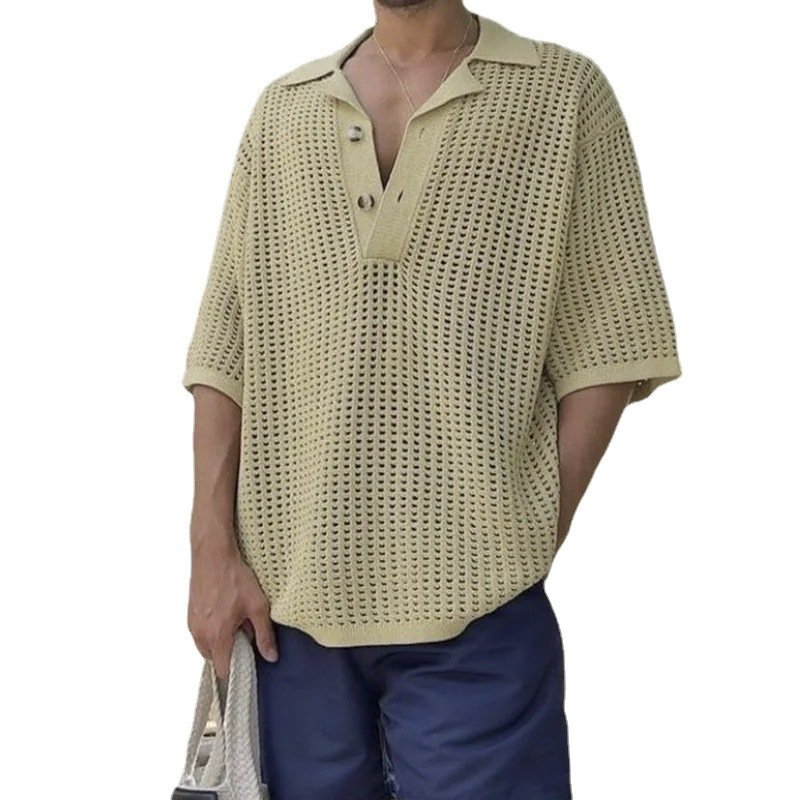 Fashion Knitwear 2023 Summer New Man T Shirt Loose Large V-Neck Hollow Out Tshirt V-Neck Plus Size Men'S Polo T-Shirts