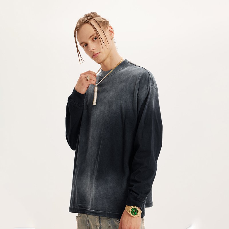 Vintage distressed street design long sleeve t-shirt 260Gsm Oversized gradient acid wash oversized men's t-shirt