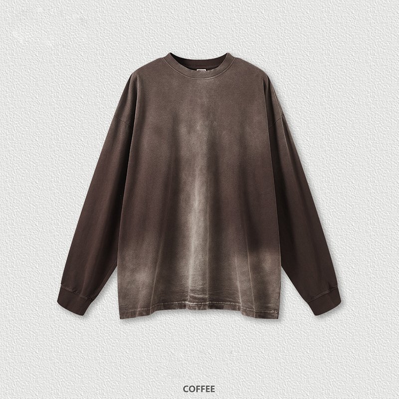Vintage distressed street design long sleeve t-shirt 260Gsm Oversized gradient acid wash oversized men's t-shirt