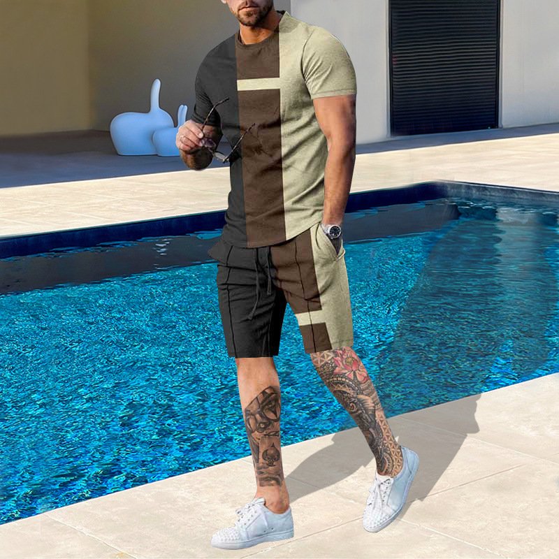 Custom Men's Casual Two Piece Twin Set Quick Dry Short Sleeve T-Shirt and Knitted Shorts for Summer Print Pattern