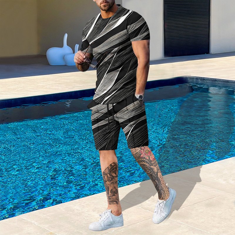Custom Men's Casual Two Piece Twin Set Quick Dry Short Sleeve T-Shirt and Knitted Shorts for Summer Print Pattern