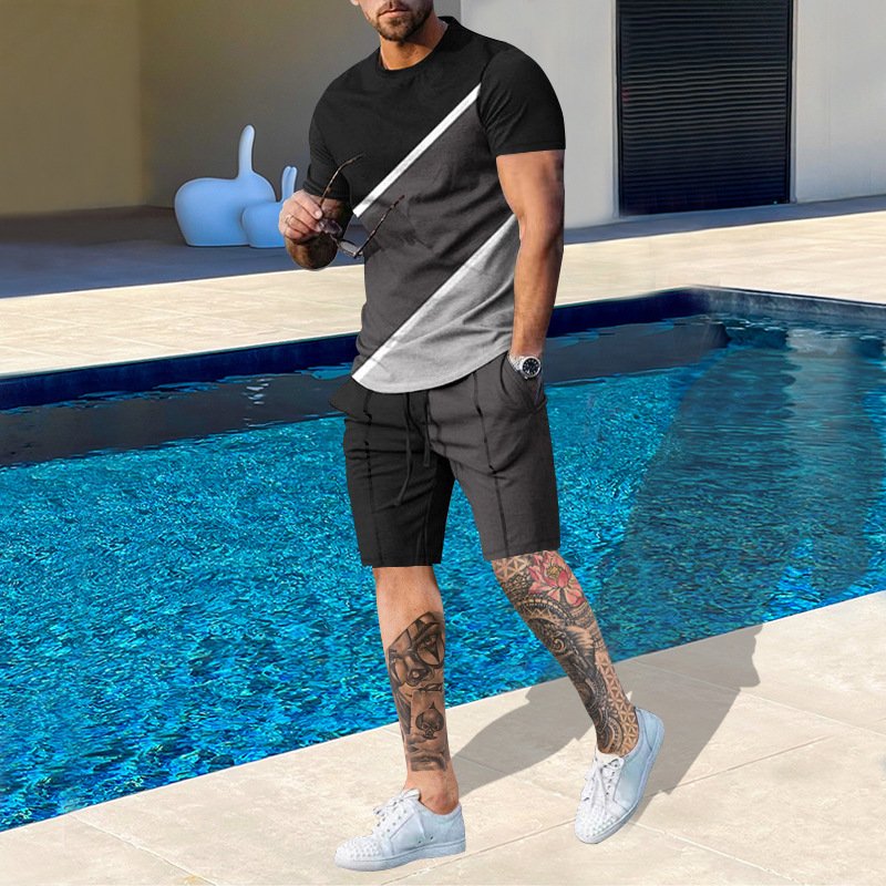 Custom Men's Casual Two Piece Twin Set Quick Dry Short Sleeve T-Shirt and Knitted Shorts for Summer Print Pattern