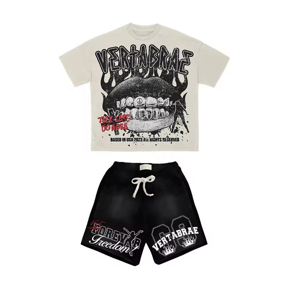 Factory Customized Printed Logo Wash 2 Piece Graphic Mens T Shirt And Short Set For Men Summer Tracksuit Men's Sets