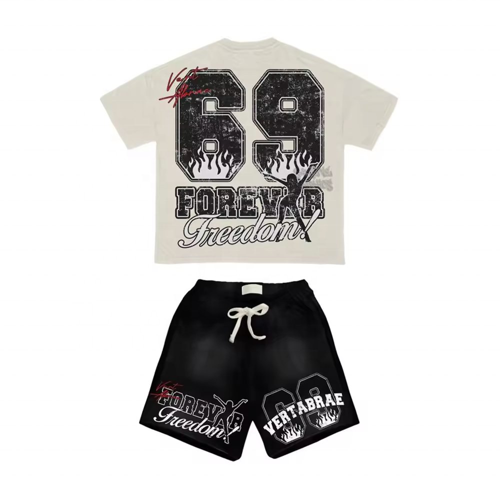 Factory Customized Printed Logo Wash 2 Piece Graphic Mens T Shirt And Short Set For Men Summer Tracksuit Men's Sets