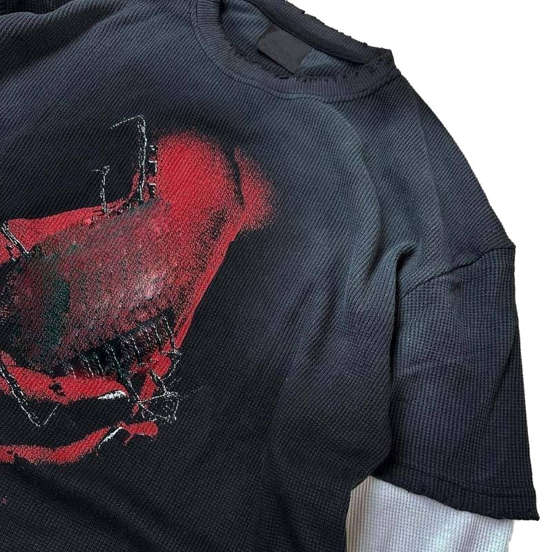Unisex Custom Vintage Distressed T-Shirt Double Layer Long Sleeve Waffle Stone Acid Wash Men's Screen Print Ripped Tee