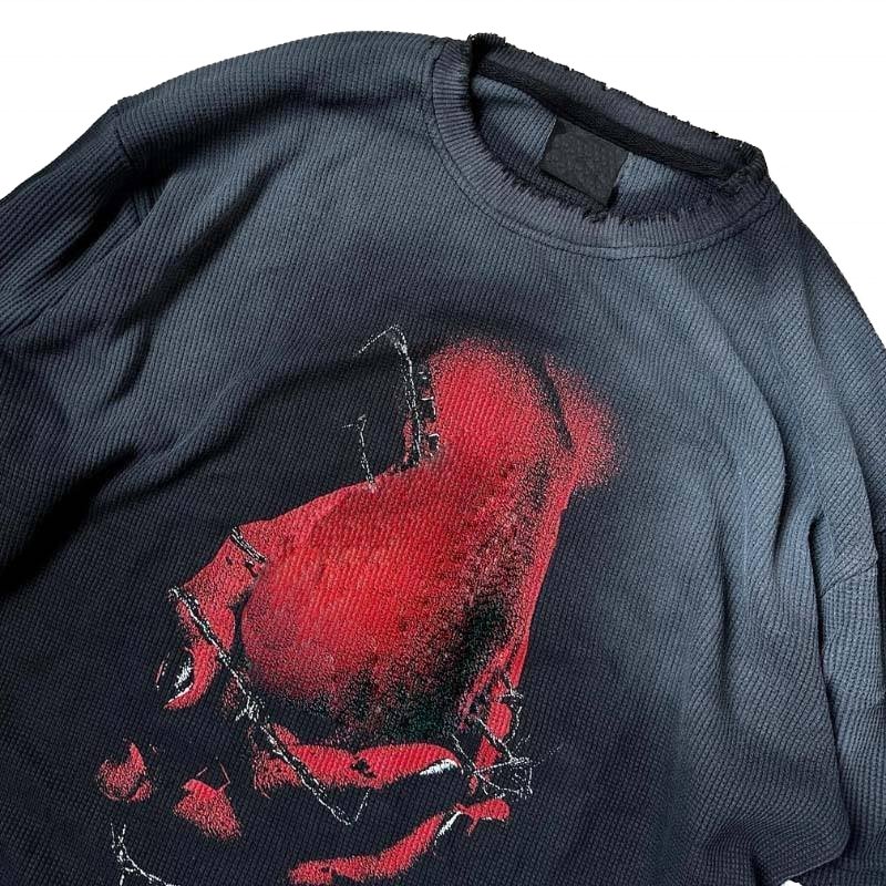Unisex Custom Vintage Distressed T-Shirt Double Layer Long Sleeve Waffle Stone Acid Wash Men's Screen Print Ripped Tee
