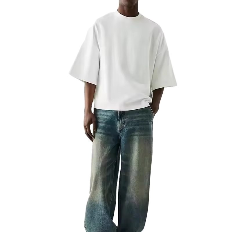 HLD24030MT Men's Half Sleeves 100% Cotton Boxy T-shirt Heavyweight 300gsm Cropped White Drop Shoulder T Shirt