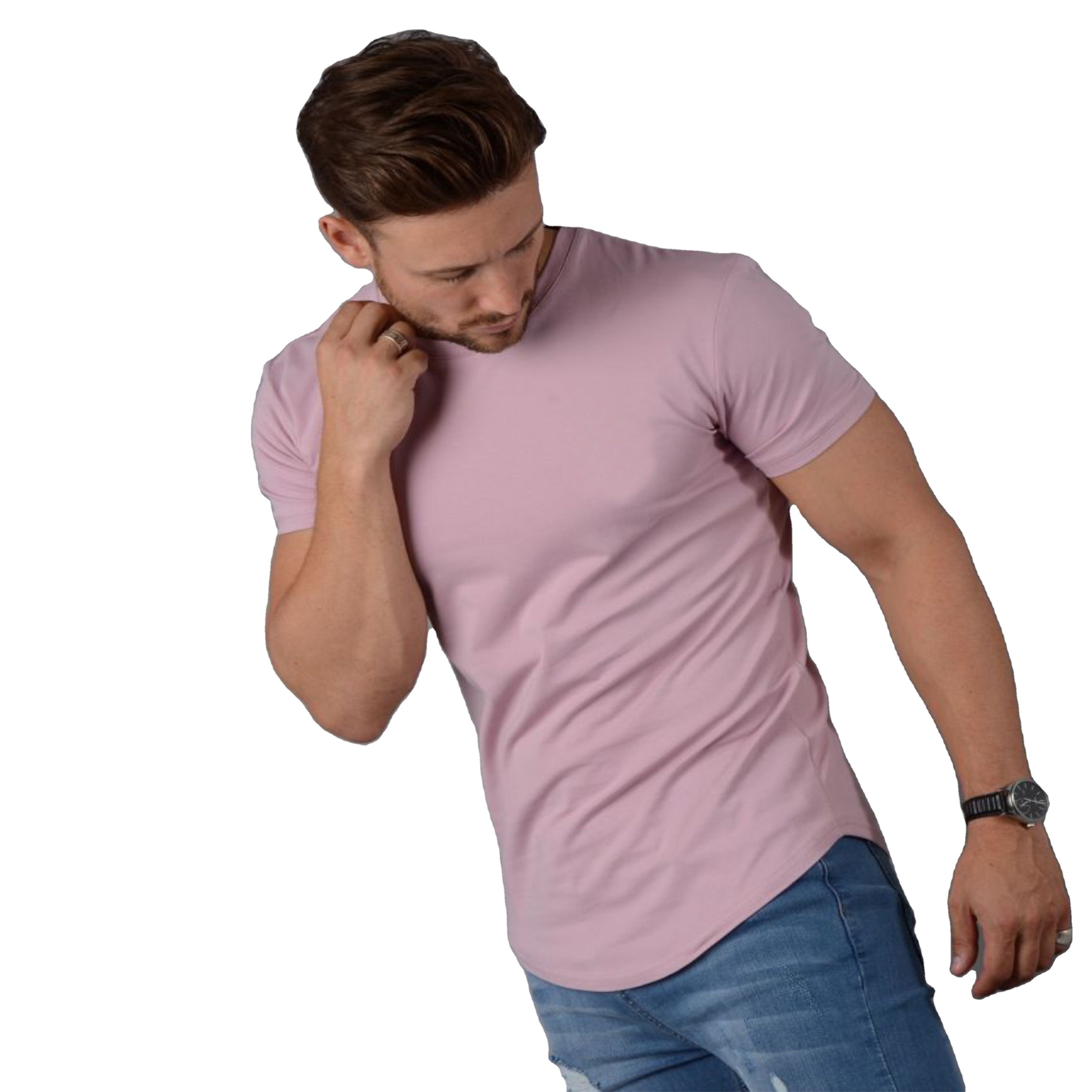 2024 New Men's Slim Fit Longline Tee Shirt - 95% Cotton, 5% Elastane, Longer Drop, Curved Hem
